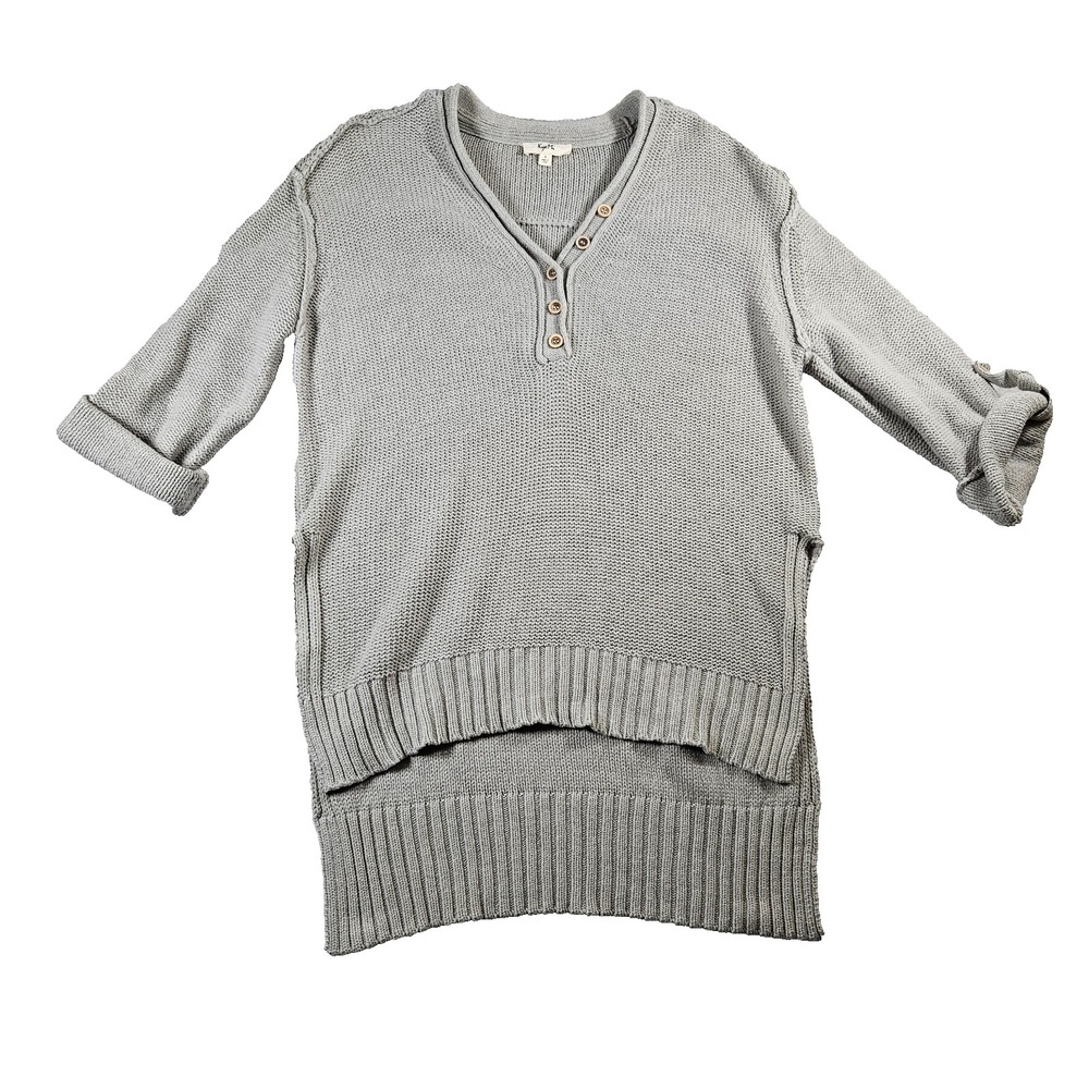 Kye Mi Womens Gray Knit Henley Sweater Oversized Minimalist High Low Hem Sz S